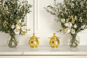 Fototapeta premium Elegant Golden Pots on a Marble Countertop