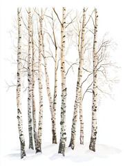 Tall birch trees with white bark stand in snowy landscape, creating serene winter scene. delicate branches are bare, enhancing tranquil atmosphere