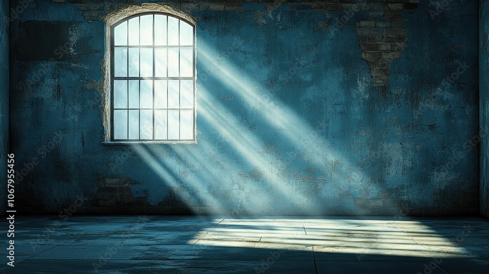 Poster sunlight streams through a large window in an old industrial building.