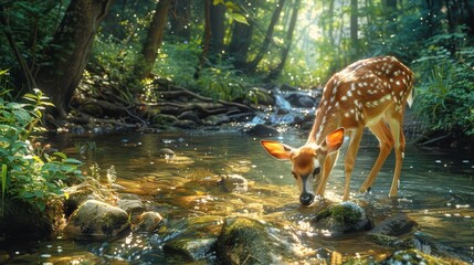 A spotted fawn drinks from a clear stream in a sun-dappled forest. AI generative. .