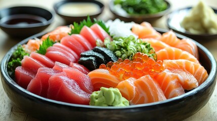 Studio lighting highlighting an elegant Assorted Sashimi platter, with soy sauce and wasabi in the background