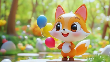 Fototapeta premium A cartoon fox with big eyes holds a balloon in a green forest.