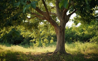 Fototapeta premium A mature medicinal tree standing tall, its powerful properties preserved in its leaves and bark