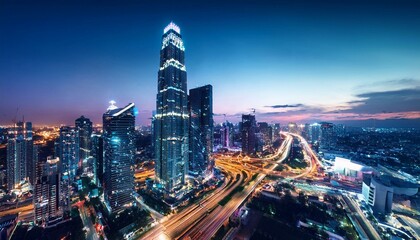 Obraz premium Night aerial view of modern infrastructure buildings residential city