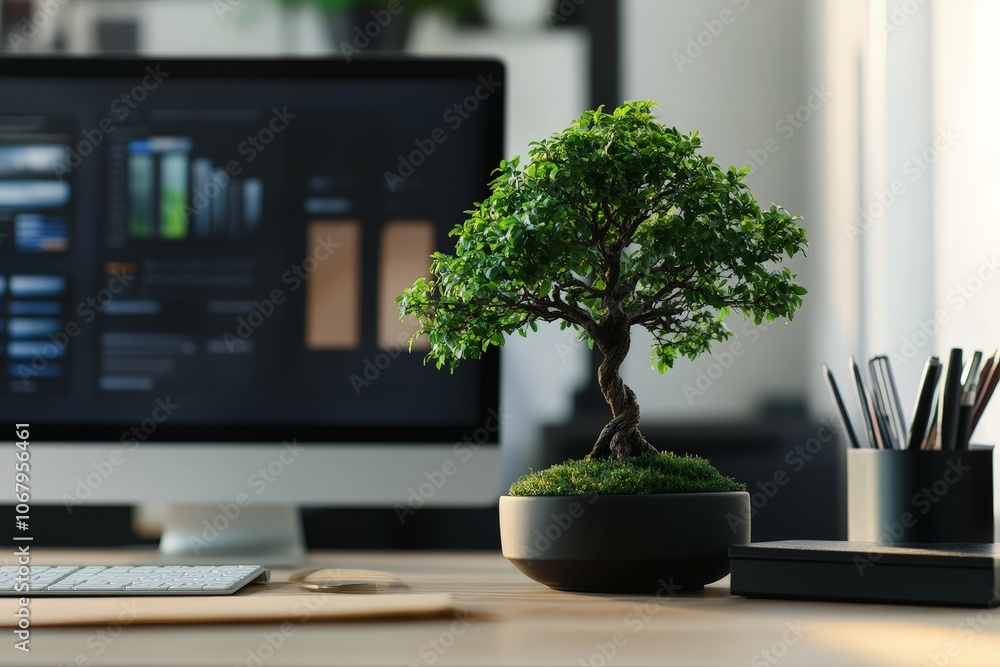 Poster a micro tree displayed on a desk, adding a touch of nature to a minimalist space