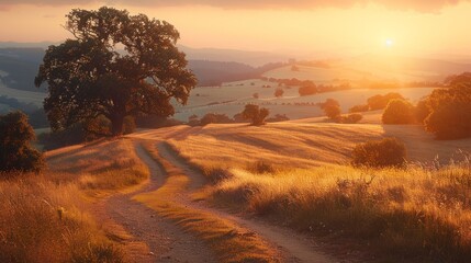 A dirt road winds through rolling hills bathed in golden sunset light. AI generative. .