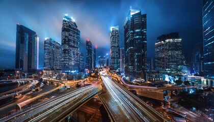 Fototapeta premium Night aerial view of modern infrastructure buildings residential city