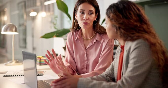 Office, teamwork and business people with laptop for discussion, review information and reading. Women, ceo and assistant with digital for startup progress, research and planning for creative agency