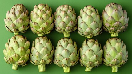 Obraz premium Ten whole artichokes arranged in two rows of five on a green background.