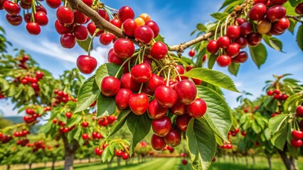 Obraz premium Closeup of a wild cherry tree branch with ripe prunu avium fruits