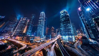 Obraz premium Night aerial view of modern infrastructure buildings residential city