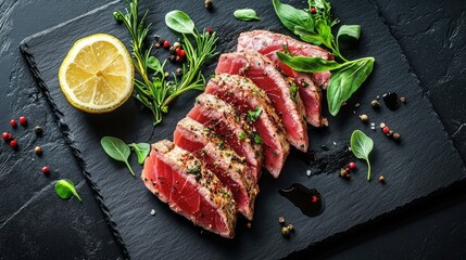 Freshly Sliced Steak on Slate with Herbs and Lemon