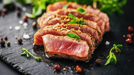 Freshly Sliced Meat with Herbs on Slate Board