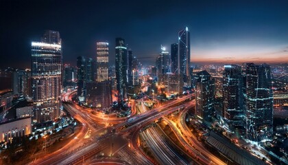 Fototapeta premium Night aerial view of modern infrastructure buildings residential city