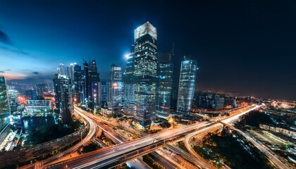 Night aerial view of modern infrastructure buildings residential city