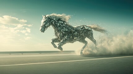 A majestic robotic horse gallops across a futuristic landscape, showcasing the blend of nature and technology.