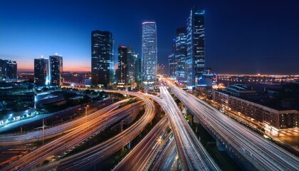 Night aerial view of modern infrastructure buildings residential city