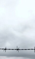 Barbed wire against a gray sky, symbolic of confinement, empty space for visual impact