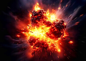 3D illustration of explosion with smoke and fire on black background.