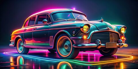 Retro Future Car Neon Lights Documentary Photography, Colorful Cartoon Car, Dark Background