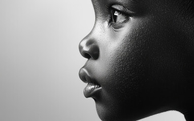 A close-up profile of a child's face, showcasing smooth skin, expressive features, and a contemplative gaze against a simple background.