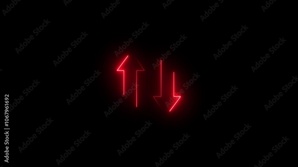 Poster glowing neon line ups and down arrow icon concept. neon up and down directional arrow icon animation