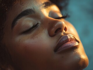 Fototapeta premium Close-up of a person practicing healthy Sleeping Habits, with soft lighting capturing the serenity of their bedtime routine