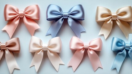 Satin ribbon bows in pastel colors, a retro accessory collection perfect for design projects or packaging decoration.