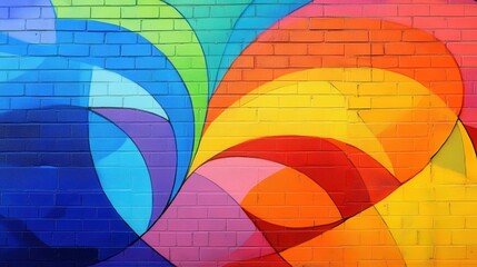 Fototapeta premium A colorful art mural featuring abstract shapes and rainbow hues, symbolizing love, acceptance, and LGBTQ+ pride, painted on a brick wall in a city.