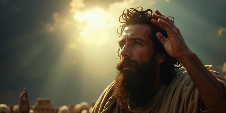 Bible story, Paul&rsquo;s Conversion on the Road to Damascus, A bright light from the sky shining down on Saul, with him shielding his eyes