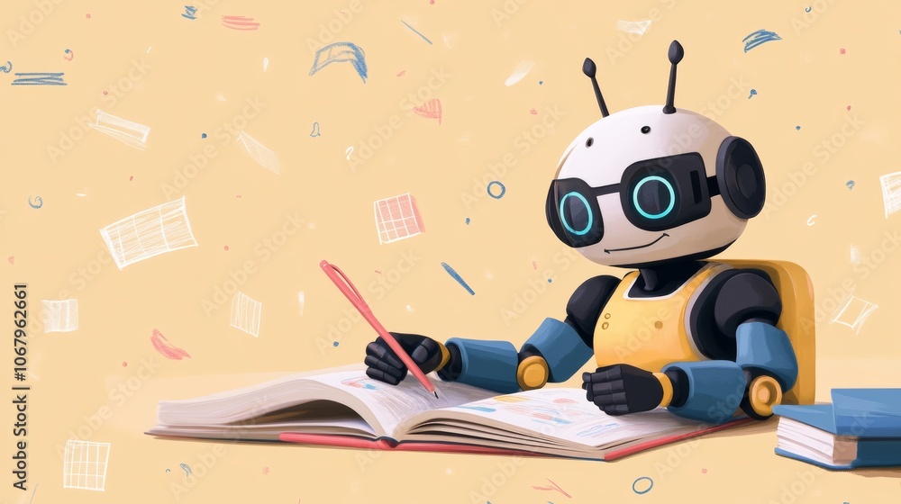 Poster .ai artificial intelligence robot on textbook assist student doing homework assignment. - ai