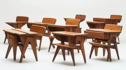 Korean classroom furniture from the 1960s, a nostalgic arrangement of desks and chairs reflecting vintage educational setups