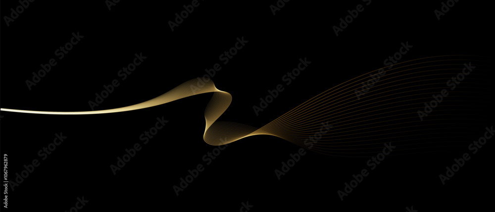 Poster Abstract vector wavy lines flowing smooth curve gold gradient light color on black background in concept of luxury, technology, science, music, modern.