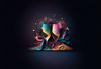 Two champagne flutes, with a paper cut design, are filled with colorful abstract designs, resting on a textured surface.