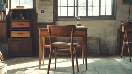 Korean school desk and chair in vintage style, capturing the retro classroom setup of the 1970s, with well-used wooden furniture