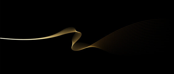 Abstract vector wavy lines flowing smooth curve gold gradient light color on black background in concept of luxury, technology, science, music, modern.