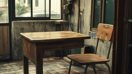 Korean school desk and chair with a 1970s design, wooden and worn with use, evoking the feel of retro educational furniture
