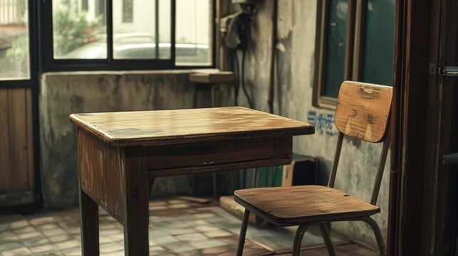 Korean school desk and chair with a 1970s design, wooden and worn with use, evoking the feel of retro educational furniture