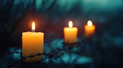 Barbed wire with out-of-focus memorial candles behind, empty space in frame, solemn feel