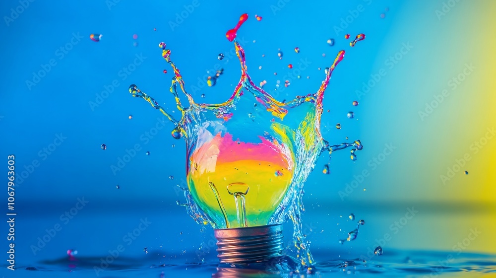 Poster a colorful lightbulb explodes into a splash of water creating a crown shape on a blue background.