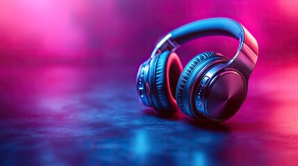 Silver metallic wireless Bluetooth headphones on a neon-lit abstract background, representing luxury and music technology, perfect for promoting new tech products or minimalistic designs.