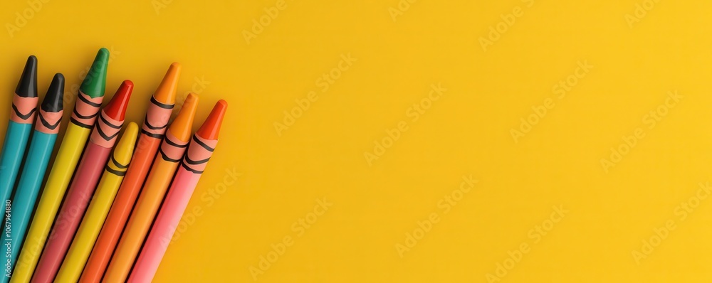 Poster a vibrant array of crayons in various colors arranged against a bright yellow background.