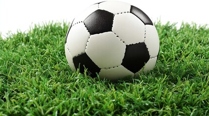 Fototapeta premium Soccer ball on green grass with white background, ideal for professional sports banners or World Cup posters.