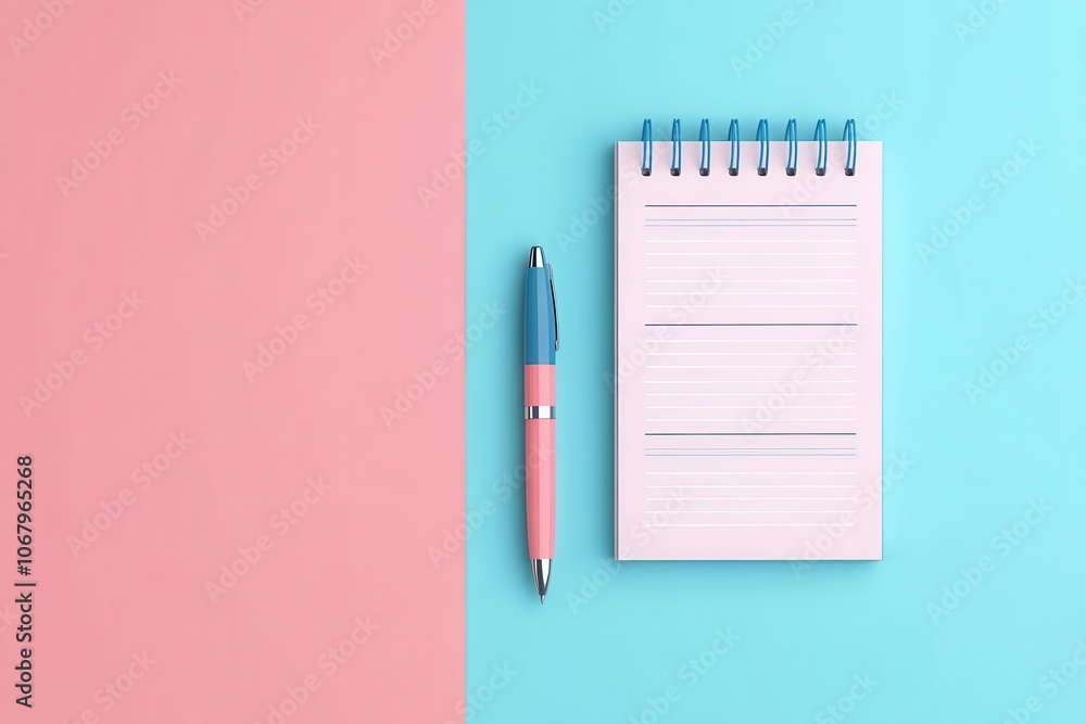 Aufkleber a colorful notepad with blank pages and a two-tone pen placed on a vibrant background of pink and tu