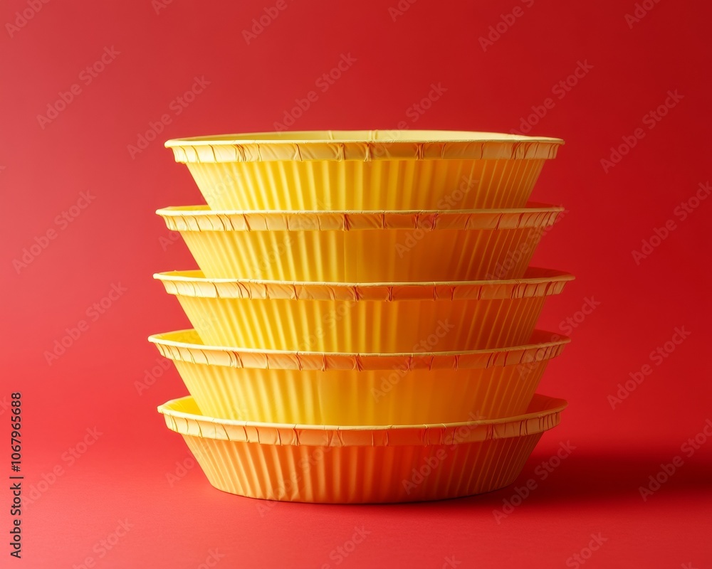 Poster bright stack of yellow paper plates on bold red background - minimalist and vibrant stock