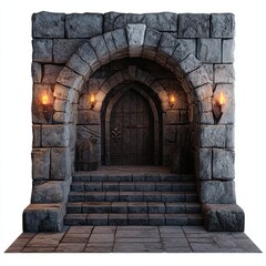 Low Poly 3D Render of a dark stone dungeon with torches, on isolated white background