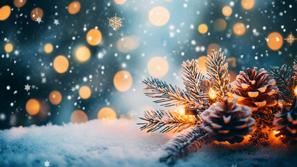 Winter wonderland with pinecones and glowing lights against a snowy backdrop