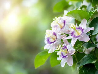 Obraz premium Close-Up of Blooming Passionflower Vine with Intricate Purple and White Petals and Vibrant Green Leaves in Sunlight