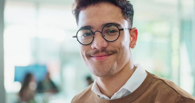 Happy, office and face of businessman with glasses for reading, company vision and growth. Startup, professional consultant and portrait of person with ambition for career, job internship and work
