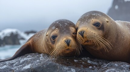 Fototapeta premium Two sea lions cuddling on a rocky shore.